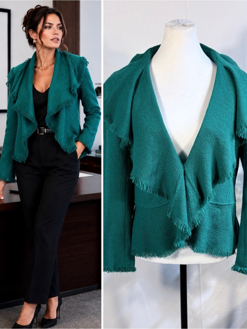 Lafayette 148 New York Green Tweed Frayed Trim Jacket Wool Blend Size 8🧡